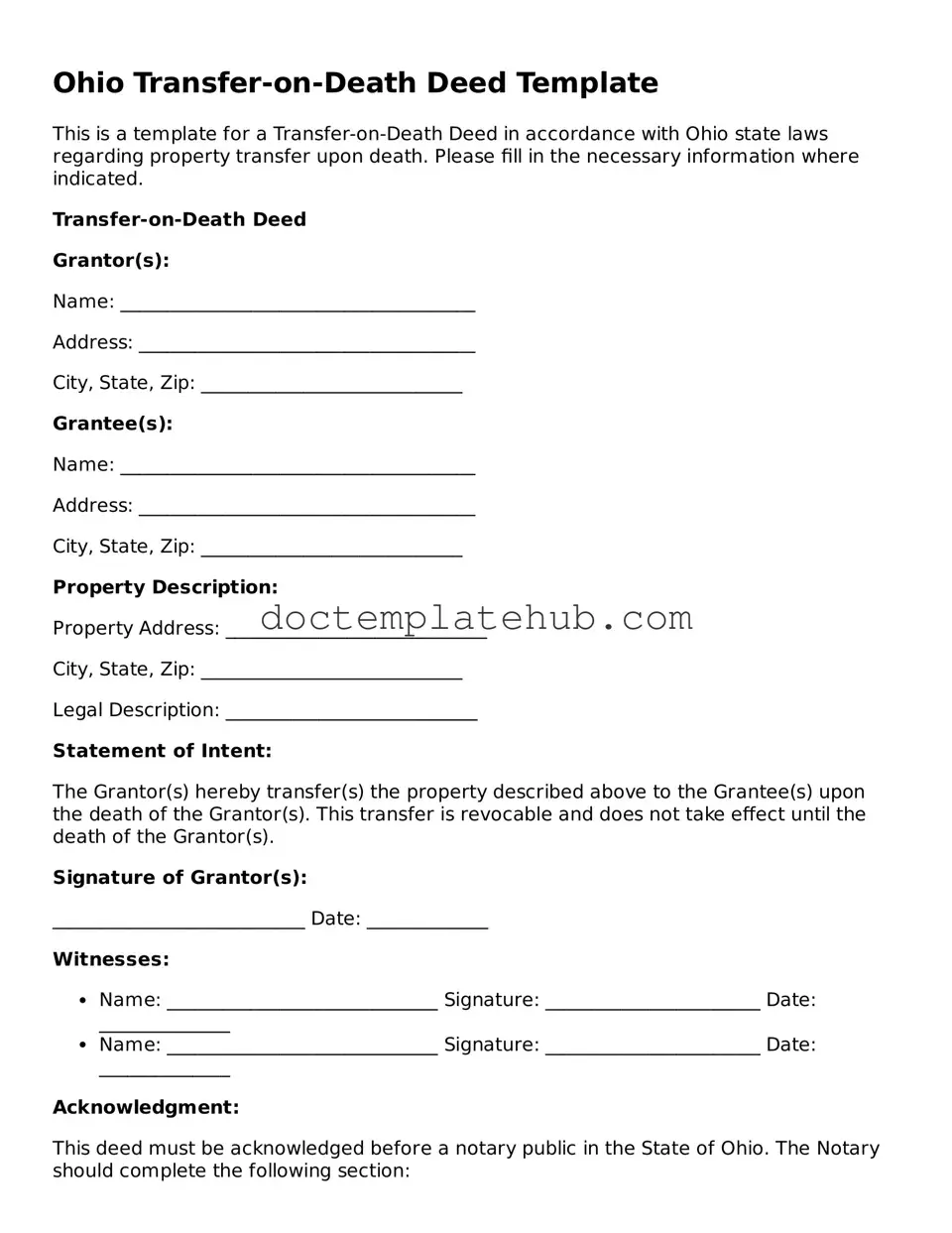 Fillable Transfer-on-Death Deed Template for Ohio State