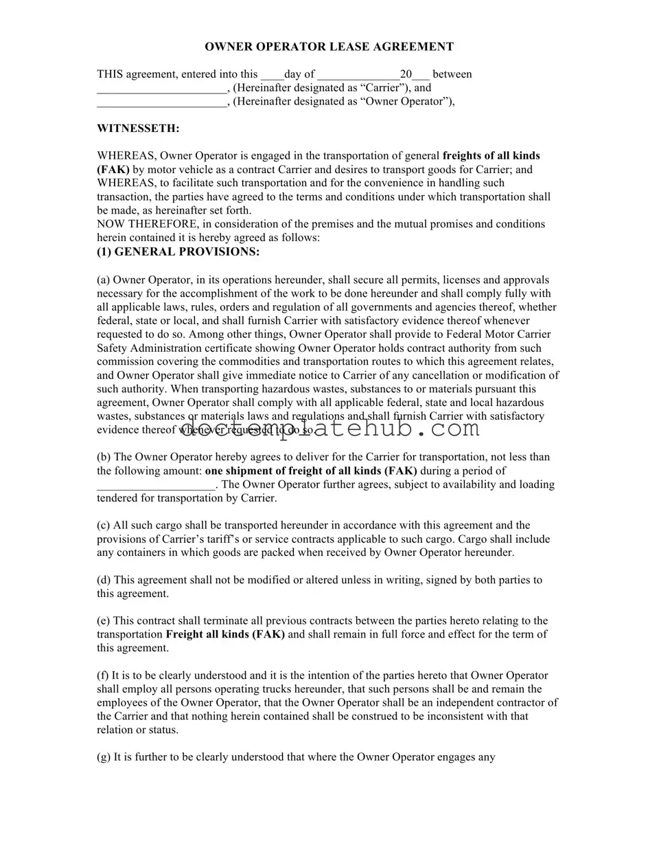 Fill Your Owner Operator Lease Agreement Form