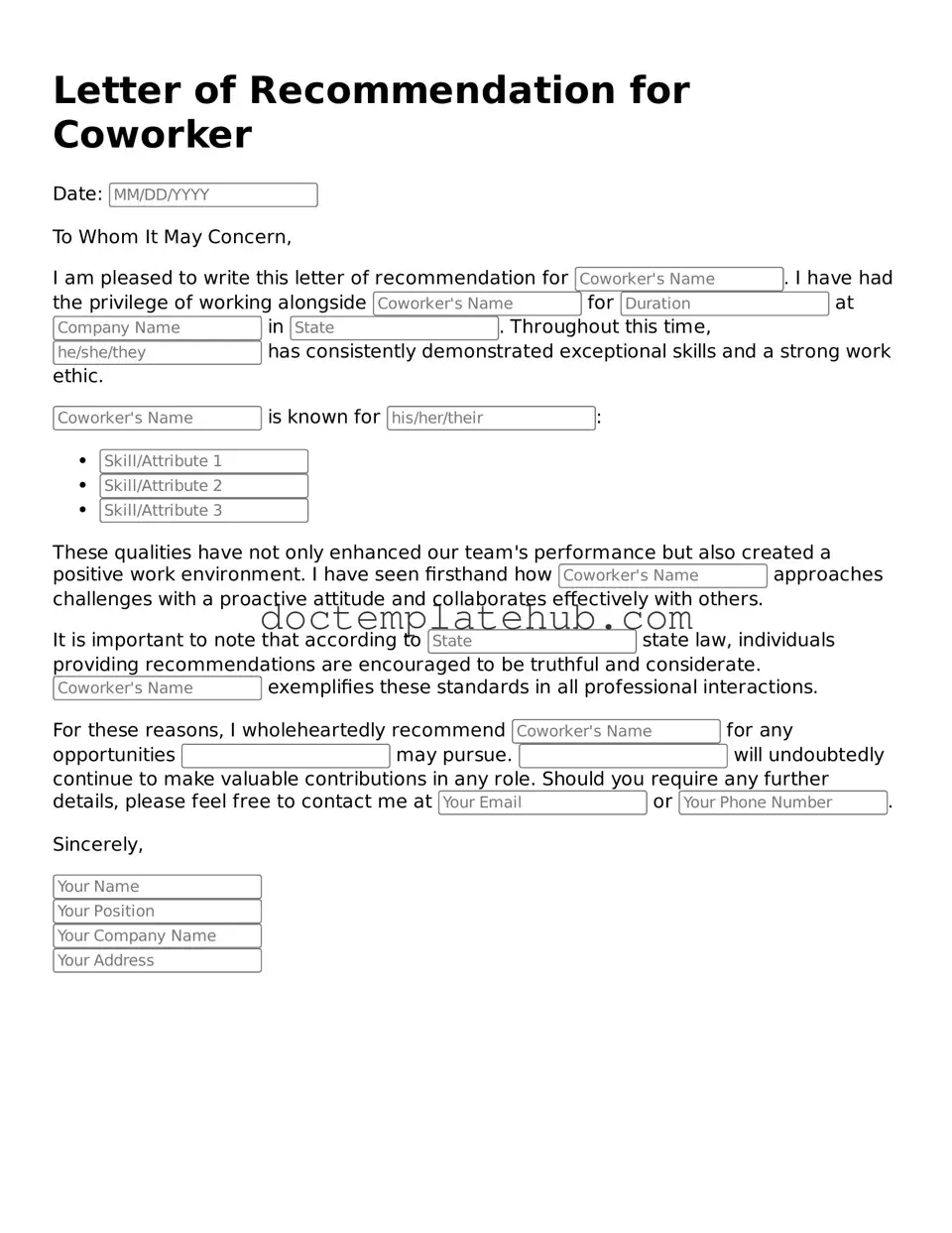 Official Letter of Recommendation for Coworker Form