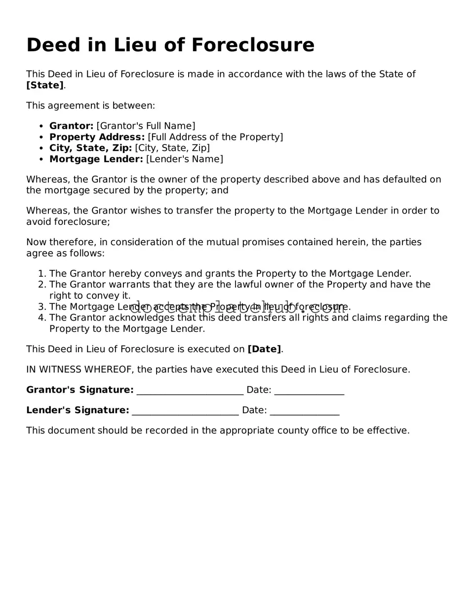 Official Deed in Lieu of Foreclosure Form