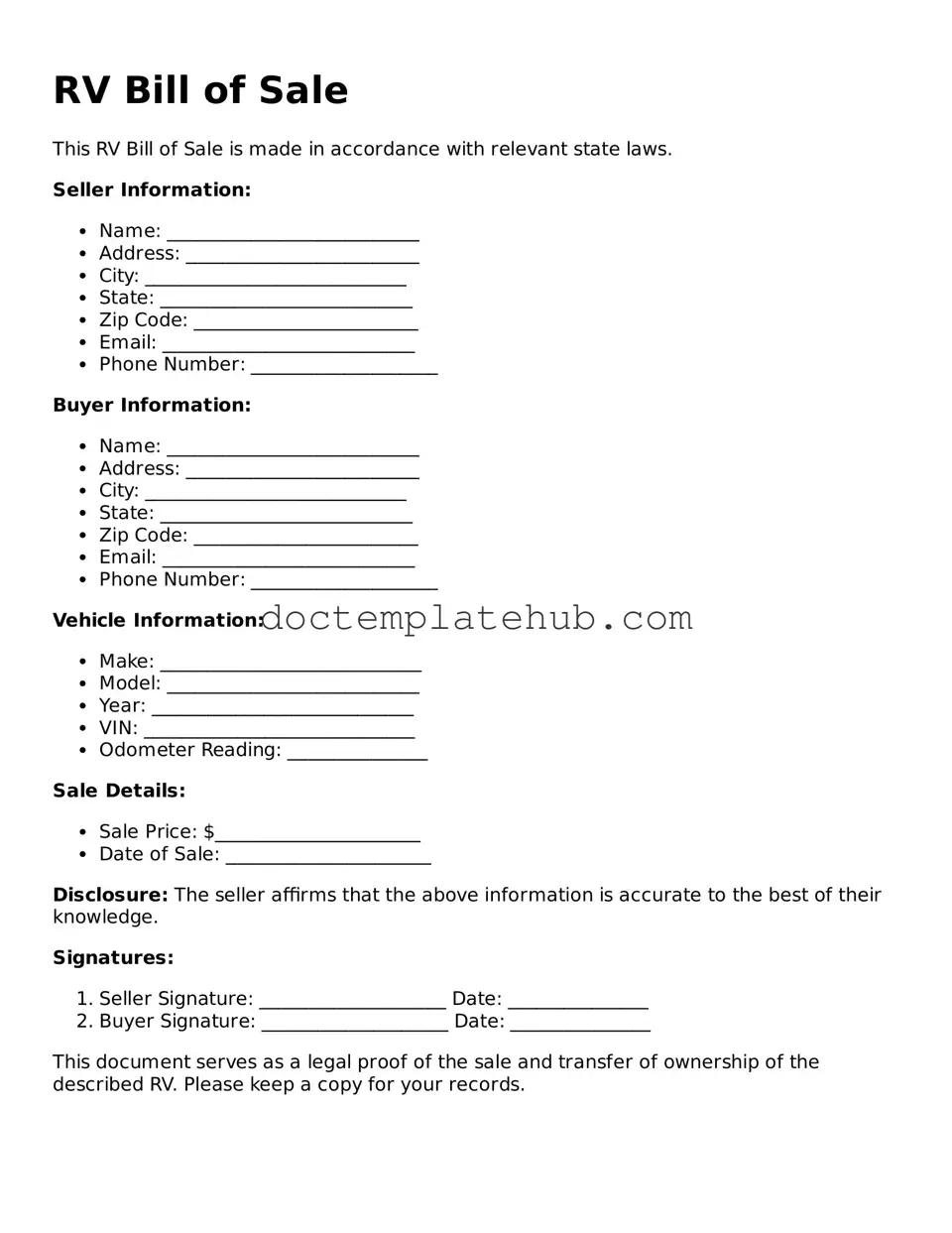 Official RV Bill of Sale Form