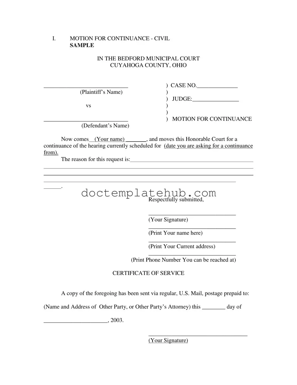 Fill Your Motion For Continuance Form