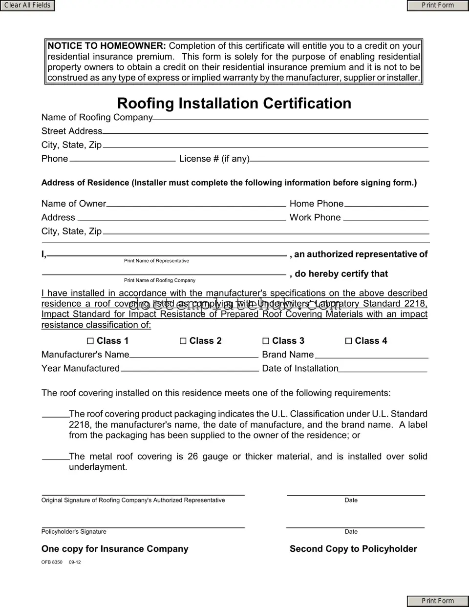 Fill Your Roofing Certificate Form