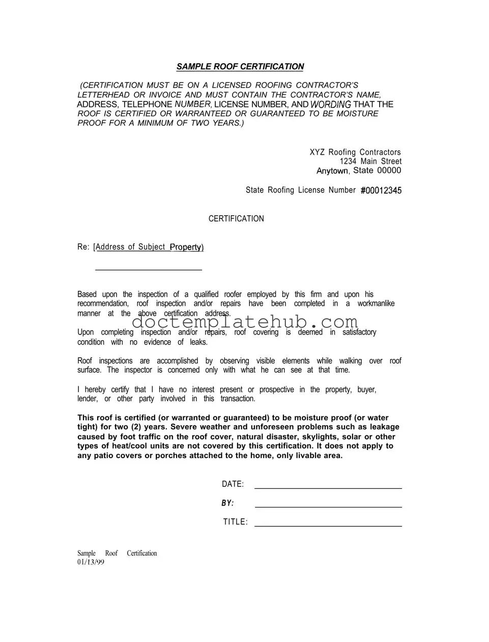 Fill Your Sample Roof Certification Form