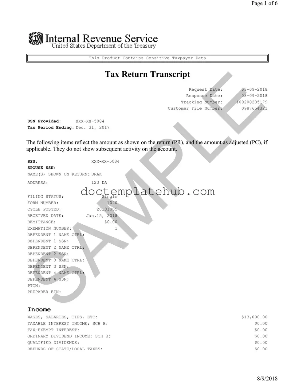 Fill Your Sample Tax Return Transcript Form