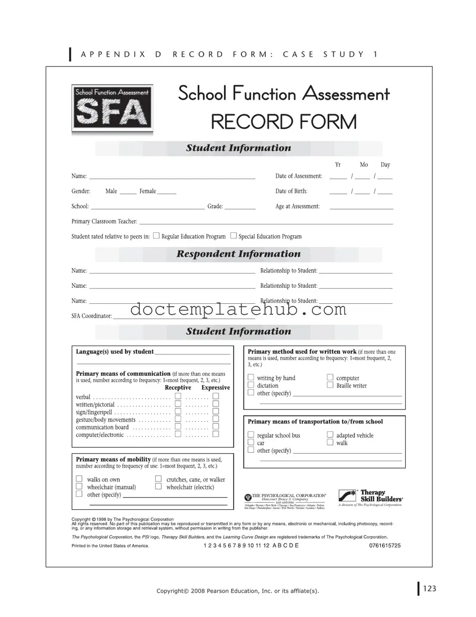 Fill Your School Function Assessment Form