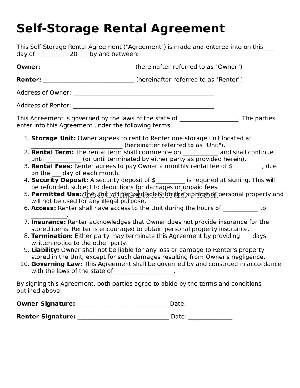 Official Self-Storage Rental Agreement Form