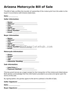Fillable Motorcycle Bill of Sale Template for Arizona State