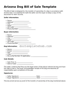 Fillable Dog Bill of Sale Template for Arizona State