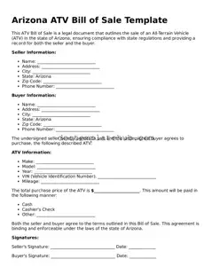 Fillable ATV Bill of Sale Template for Arizona State