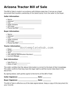 Fillable Tractor Bill of Sale Template for Arizona State