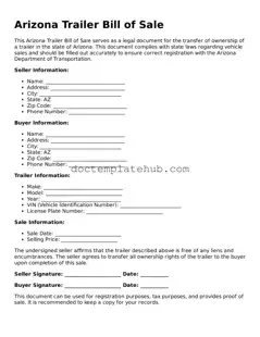 Fillable Trailer Bill of Sale Template for Arizona State