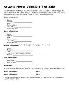 Fillable Motor Vehicle Bill of Sale Template for Arizona State
