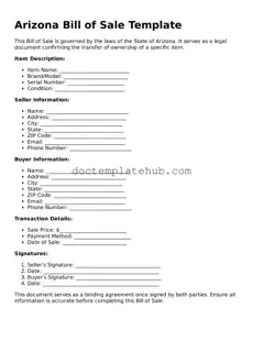 Fillable Bill of Sale Template for Arizona State