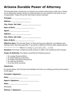 Fillable Durable Power of Attorney Template for Arizona State