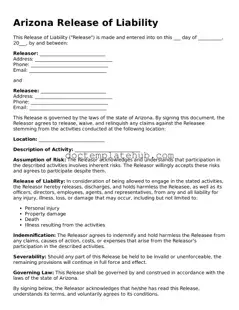 Fillable Release of Liability Template for Arizona State