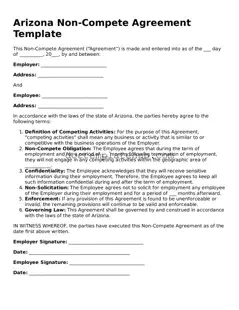 Fillable Non-compete Agreement Template for Arizona State
