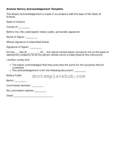 Fillable Notary Acknowledgement Template for Arizona State