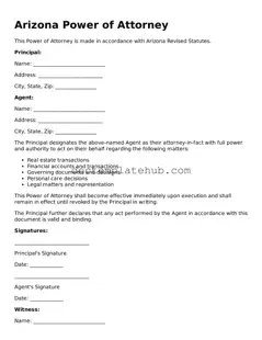 Fillable Power of Attorney Template for Arizona State