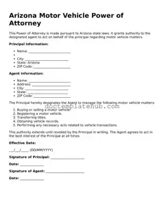 Fillable Motor Vehicle Power of Attorney Template for Arizona State