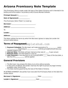 Fillable Promissory Note Template for Arizona State