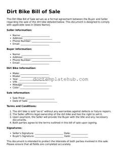 Official Dirt Bike Bill of Sale Form