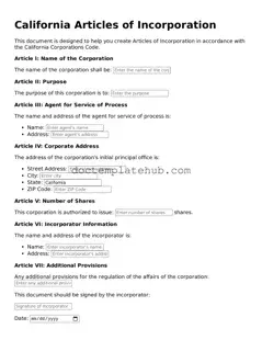 Fillable Articles of Incorporation Template for California State