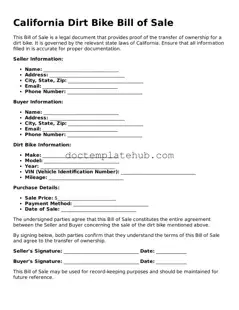 Fillable Dirt Bike Bill of Sale Template for California State