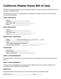 Fillable Mobile Home Bill of Sale Template for California State