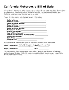 Fillable Motorcycle Bill of Sale Template for California State