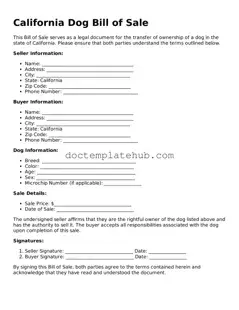 Fillable Dog Bill of Sale Template for California State