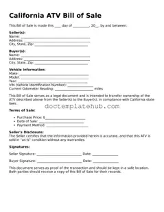 Fillable ATV Bill of Sale Template for California State