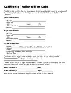 Fillable Trailer Bill of Sale Template for California State
