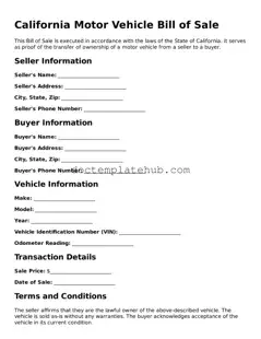 Fillable Motor Vehicle Bill of Sale Template for California State