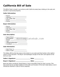 Fillable Bill of Sale Template for California State