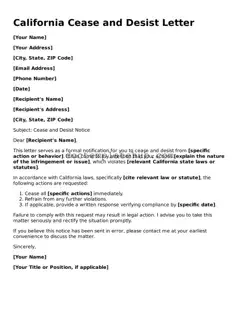 Fillable Cease and Desist Letter Template for California State