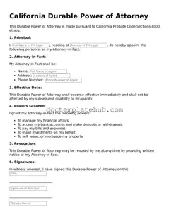 Fillable Durable Power of Attorney Template for California State