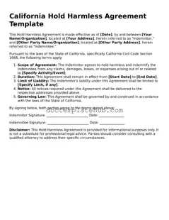 Fillable Hold Harmless Agreement Template for California State
