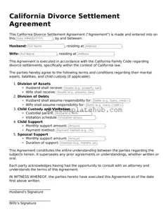 Fillable Divorce Settlement Agreement Template for California State