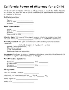 Fillable Power of Attorney for a Child Template for California State