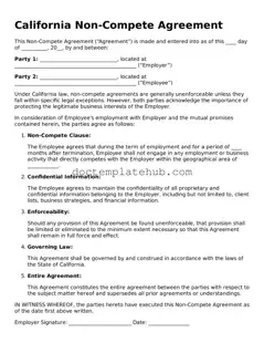 Fillable Non-compete Agreement Template for California State