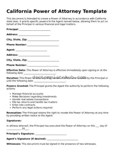 Fillable Power of Attorney Template for California State