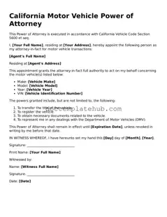 Fillable Motor Vehicle Power of Attorney Template for California State