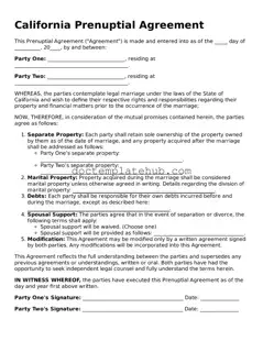 Fillable Prenuptial Agreement Template for California State
