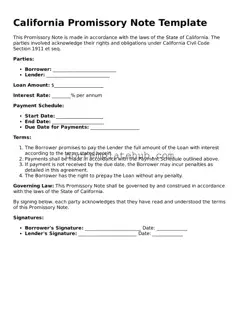 Fillable Promissory Note Template for California State