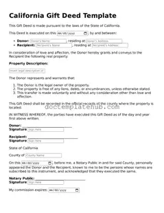 Fillable Gift Deed Template for California State
