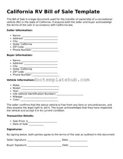 Fillable RV Bill of Sale Template for California State