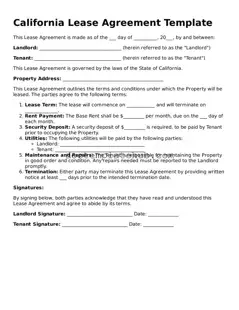 Fillable Lease Agreement Template for California State