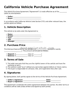 Fillable Vehicle Purchase Agreement Template for California State