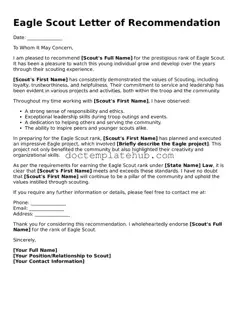 Official Eagle Scout Letter of Recommendation Form